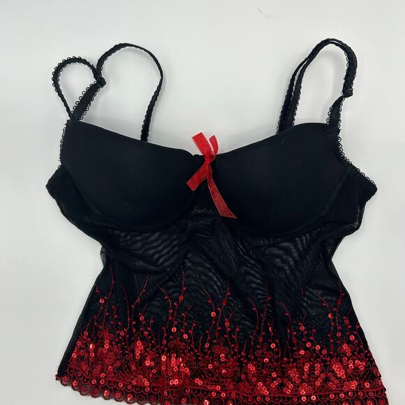 Frederick’s of Hollywood Bustier 34B Black Mesh Red Sequin Lace Trim Corset Top - Picture 6 of 8